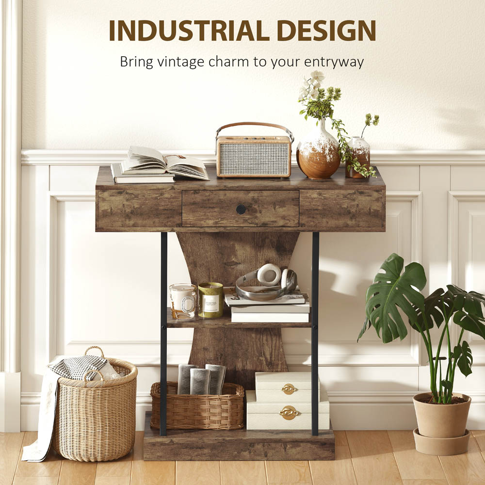 Portland Single Drawer 2 Shelf Rustic Brown Console Table Image 7