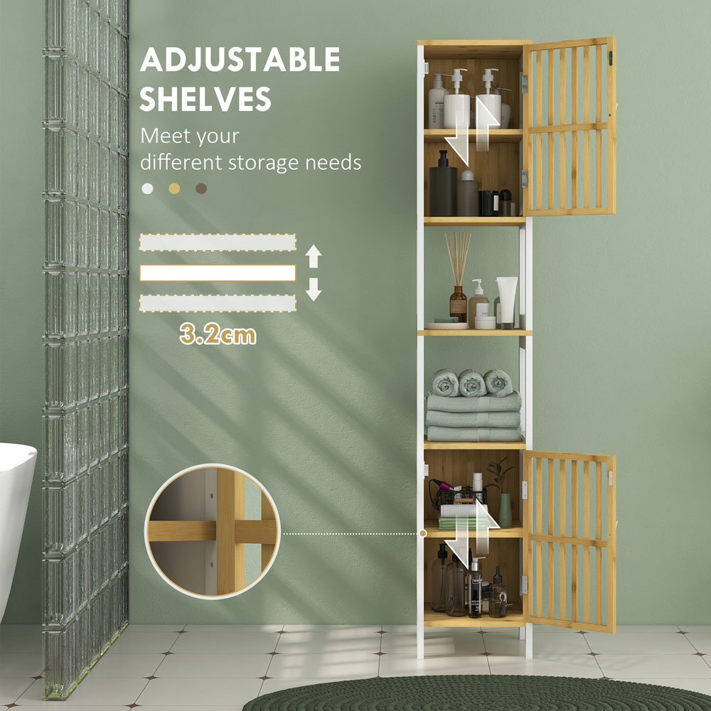 HOMCOM 2 Door 2 Shelf White Tall Bamboo Bathroom Cabinet Image 8