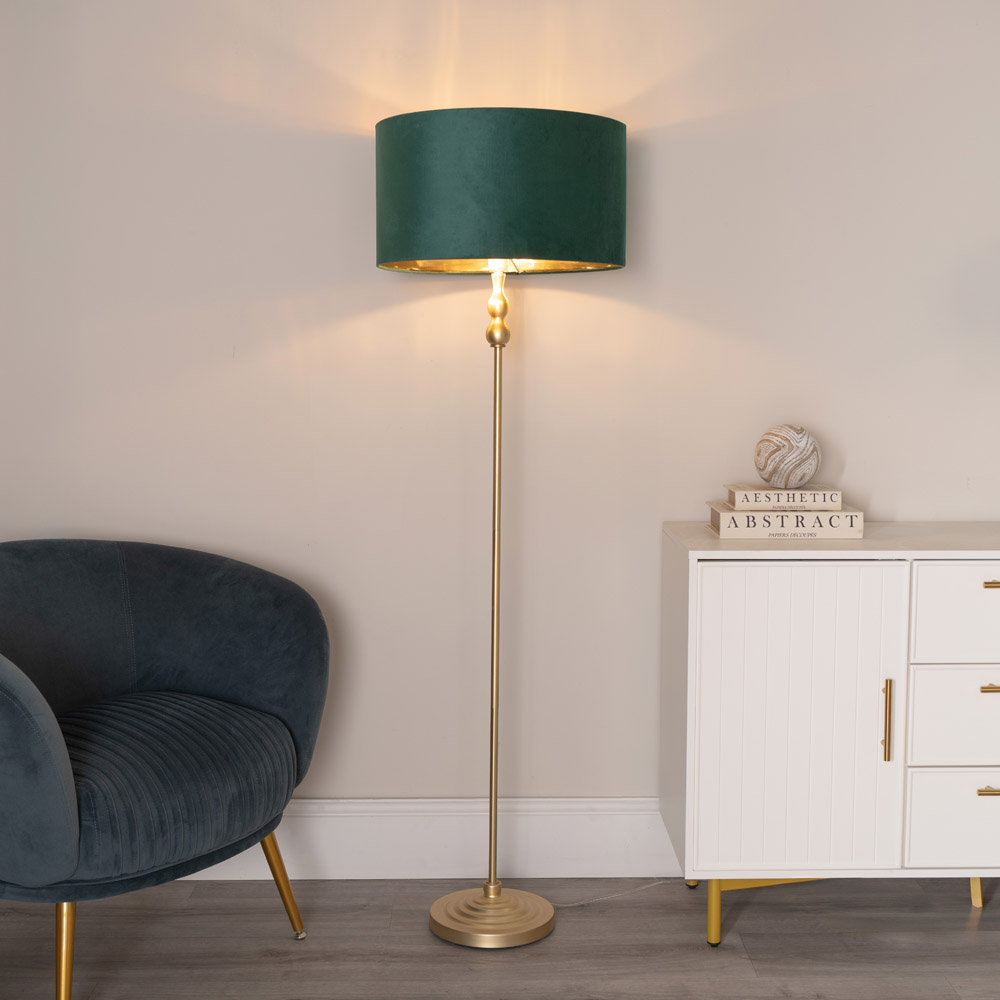 ValueLights Maggie Gold Candlestick LED Floor Lamp with Forest Green and Gold Lamp Shade Image 3