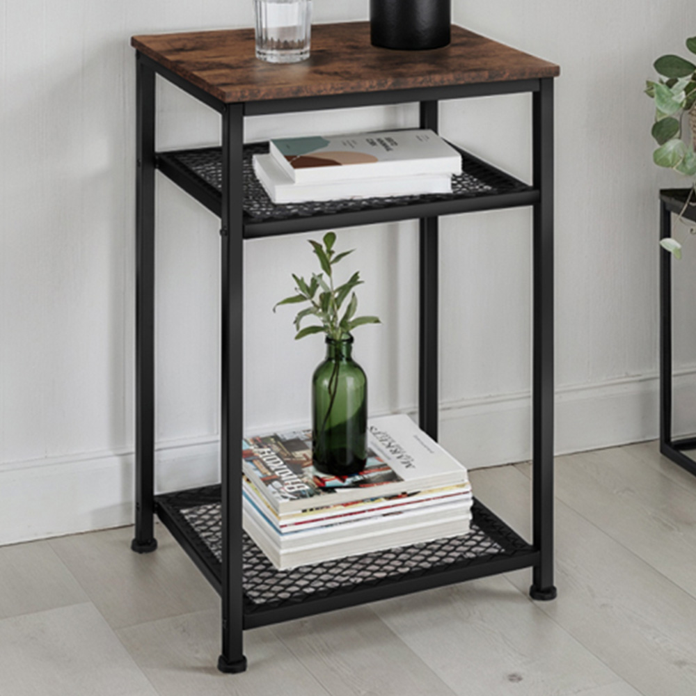 Tectake York 2 Grid Shelf Rustic Dark Wood Bedside Table Image 1