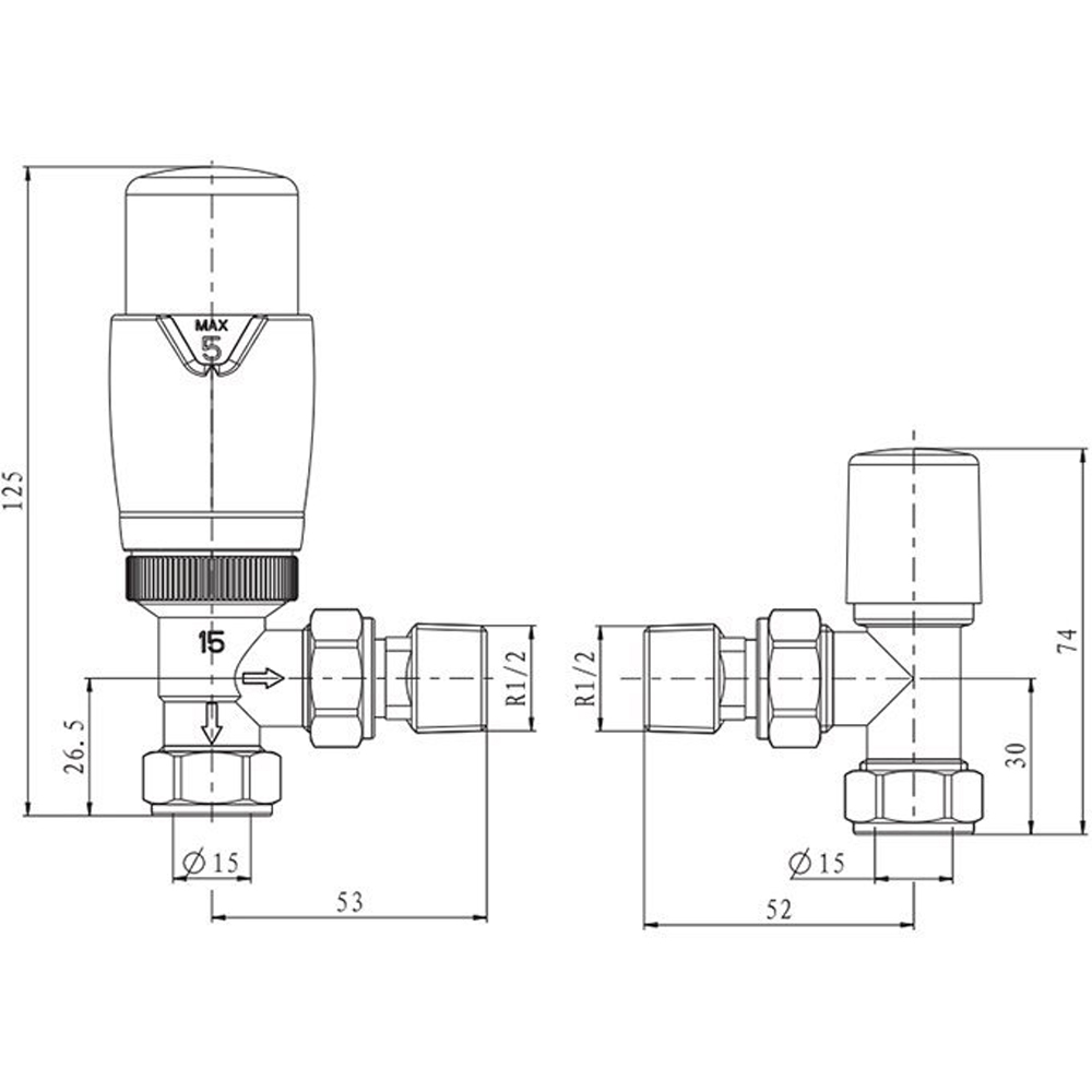 White Angled Thermostatic Radiator Valve and Lockshield Set Image 3