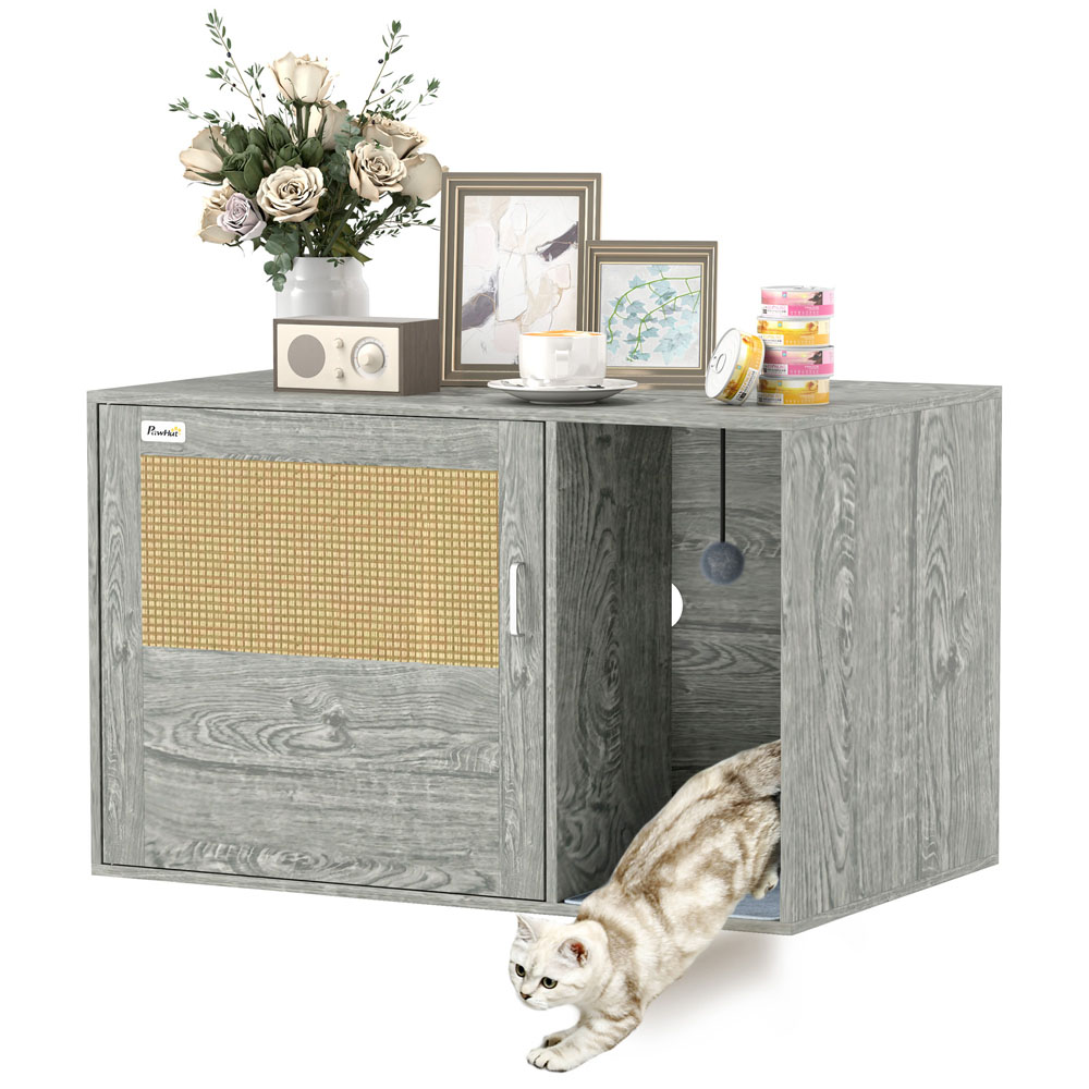 PawHut Rattan Door Cat Litter Box Enclosure with Scratching Mat Image 3