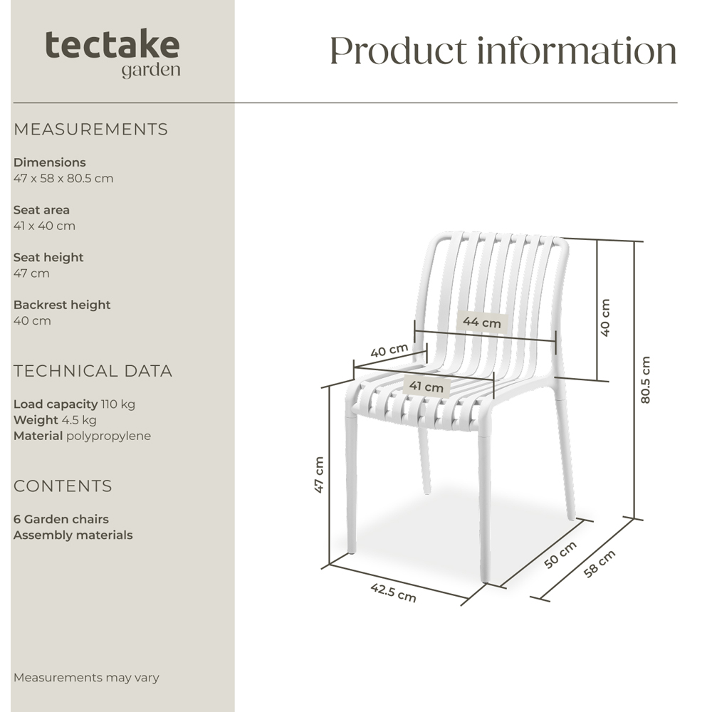 tectake Alcudia Set of 6 White Stackable Garden Chair Image 9