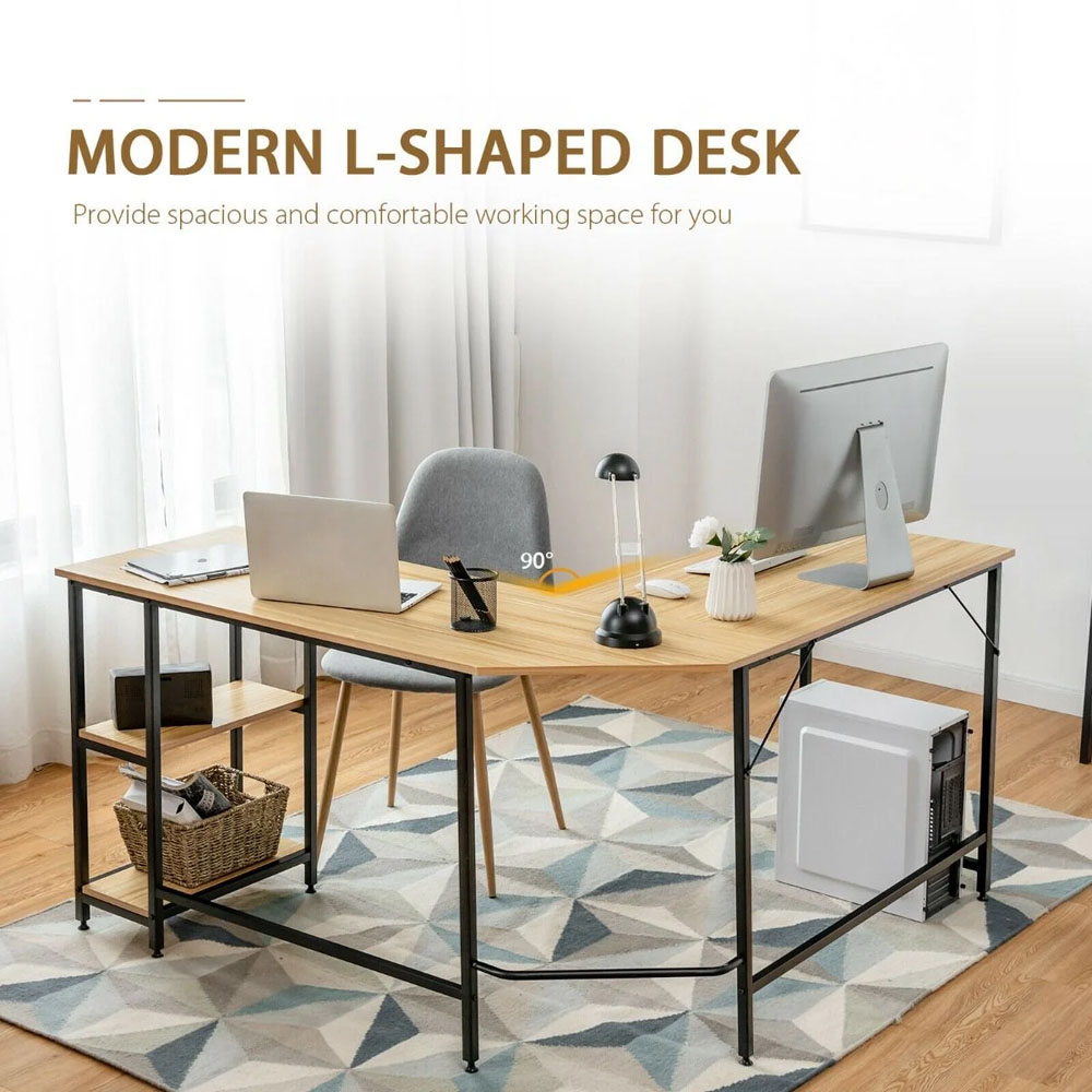 Costway 2 Shelf Corner Computer Desk Natural Image 8