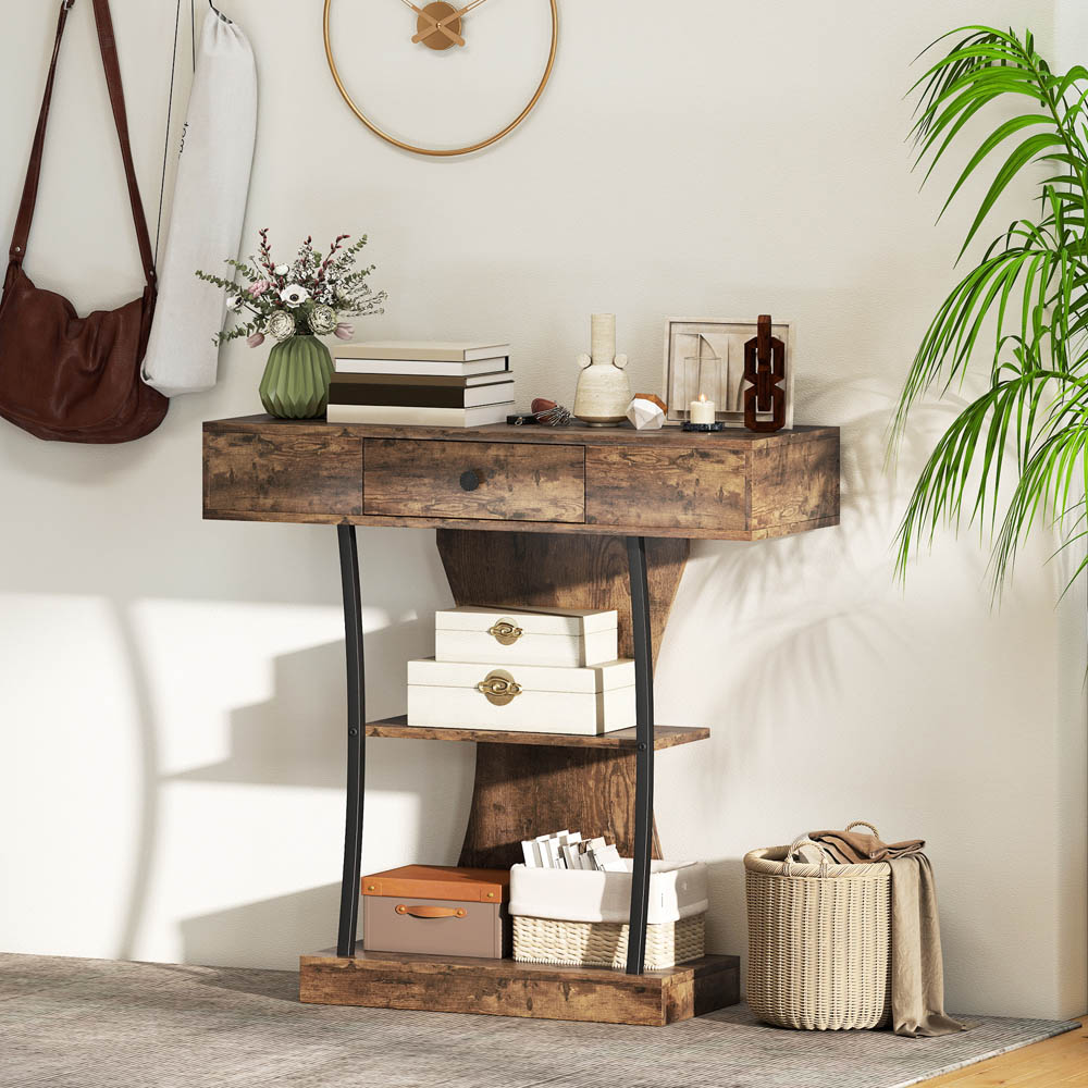 Portland Single Drawer 2 Shelf Rustic Brown Console Table Image 4