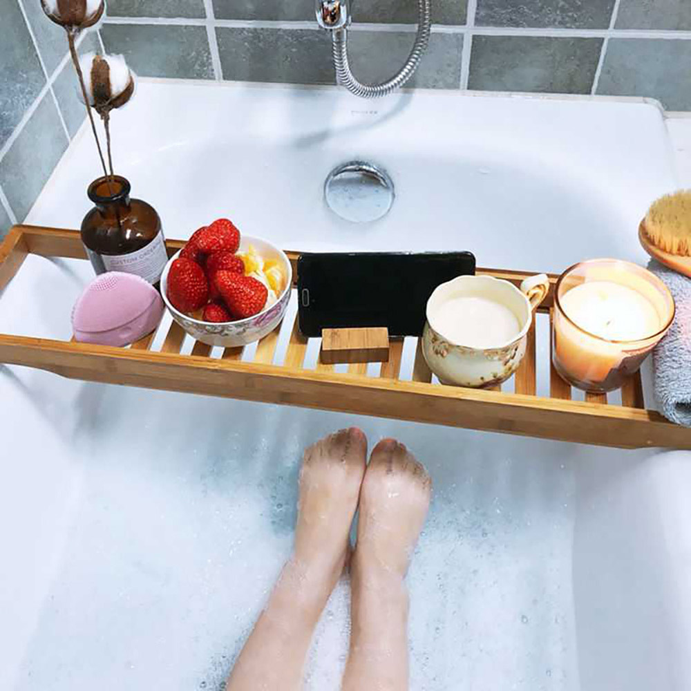 Living and Home Wood Bamboo Bath Tray for Bathroom Image 7