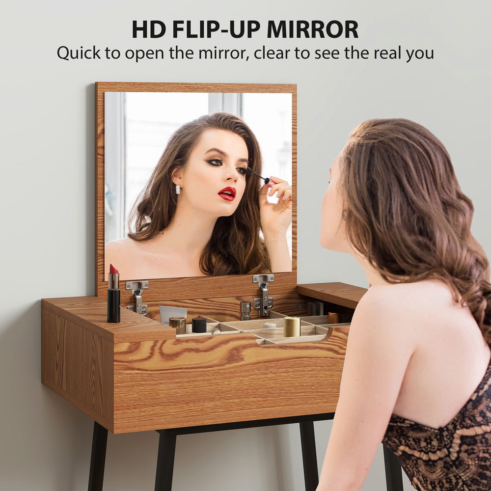 HOMCOM Natural Wood Effect Industrial Vanity Desk with Mirror Image 8
