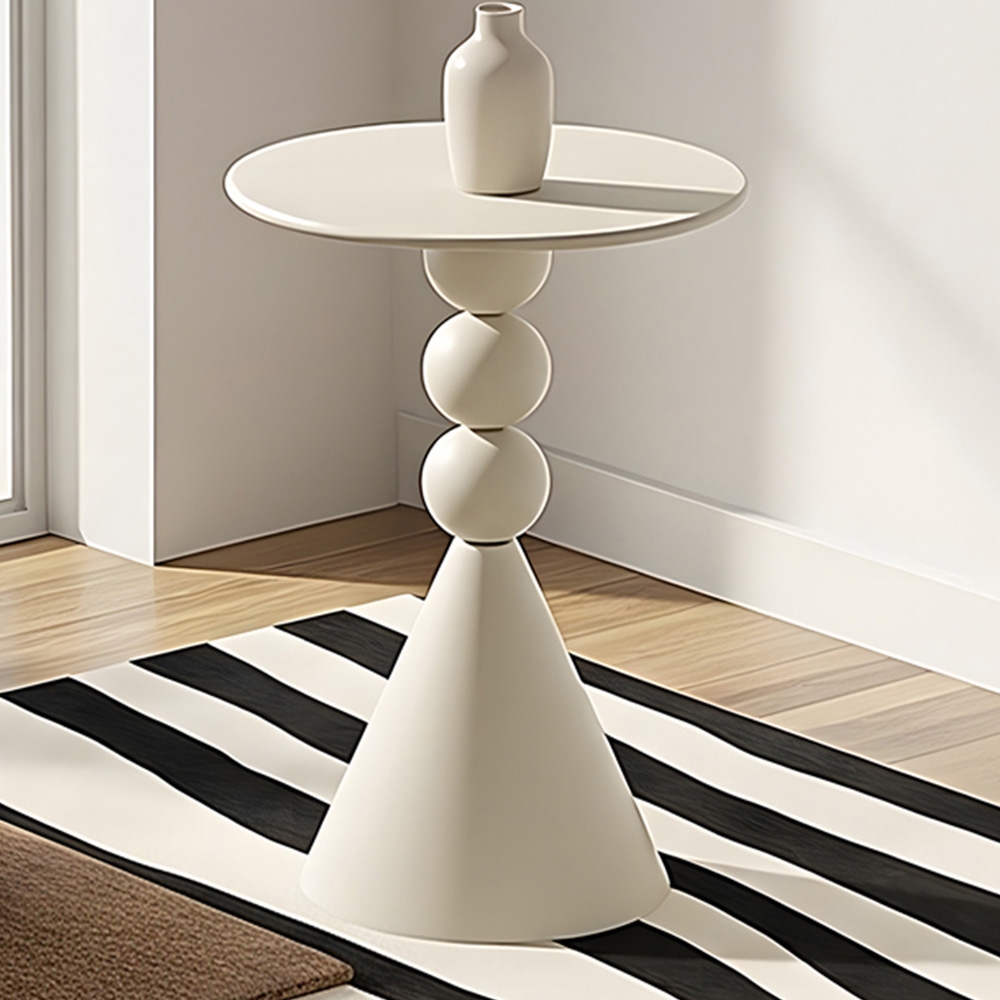 Living and Home Cream White Round Triple Sphere Column and Conical Base Side Table Image 1