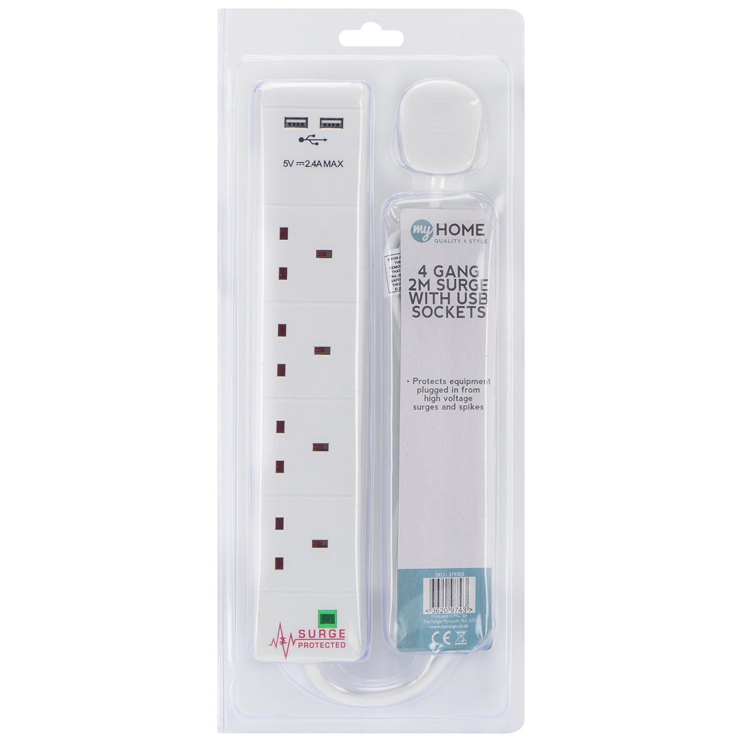 Surge Protected Extensions Cord with USB 2m Image 2