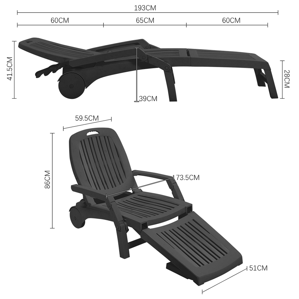 Living and Home Black Adjustable Folding Lounge Chair Recliner with Wheels and Storage Box Image 9