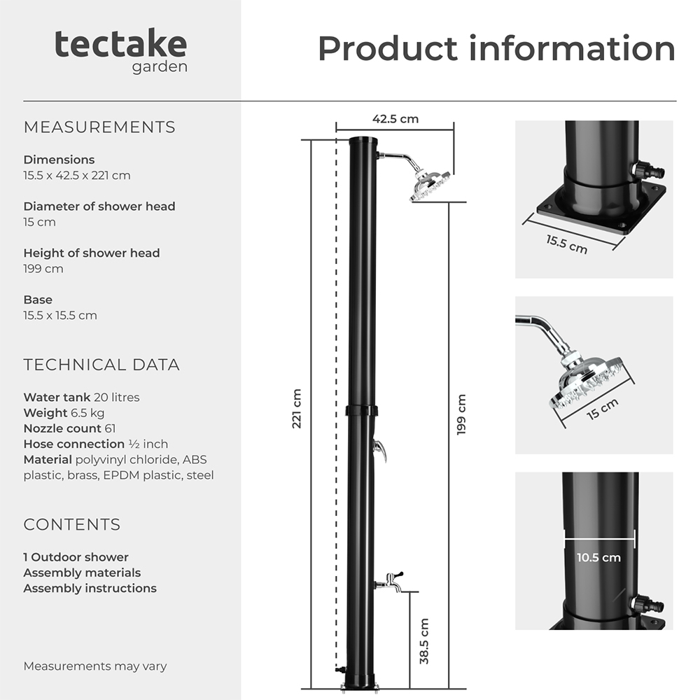 tectake Tinto Black Portable Solar Outdoor Shower with Tap 20L Image 9