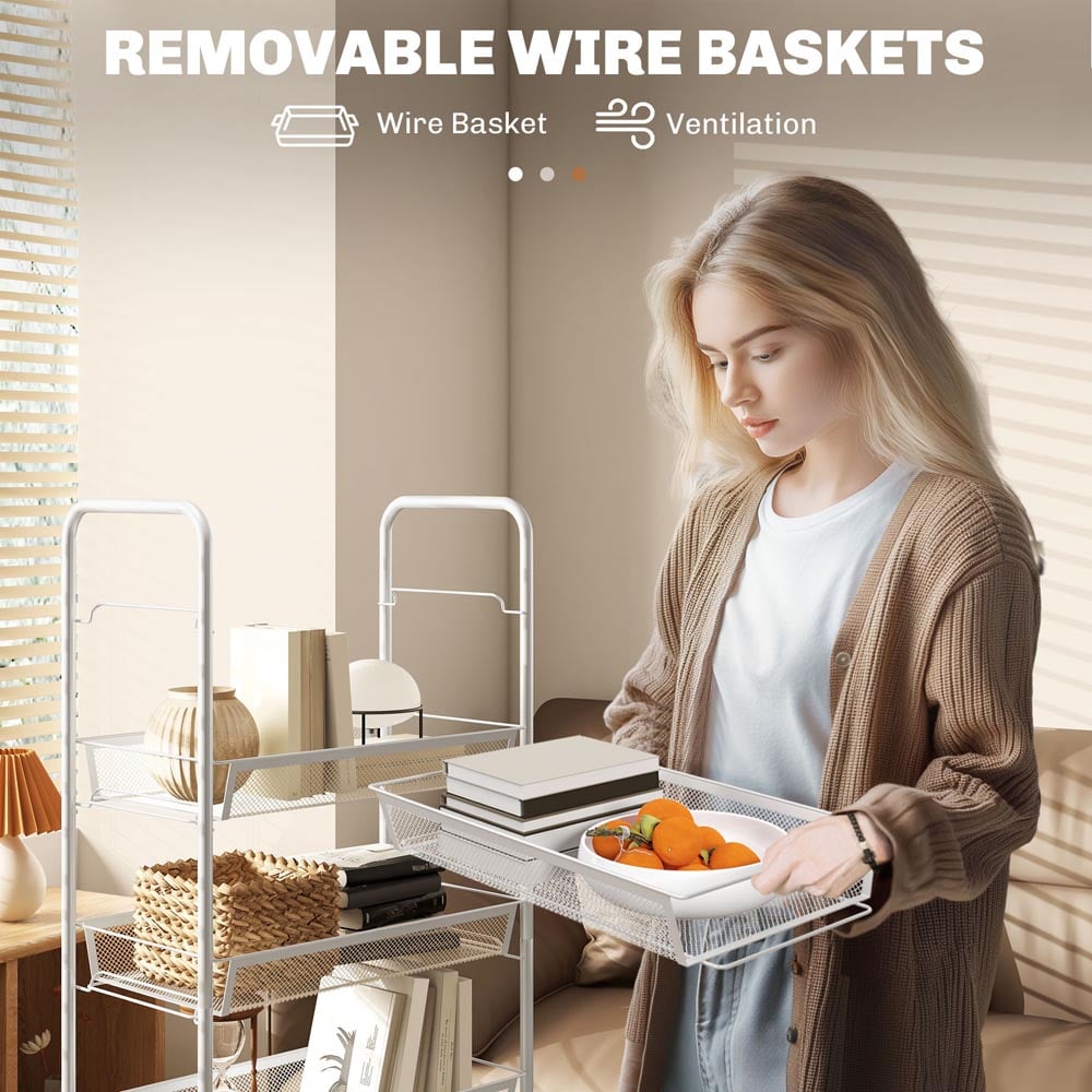 HOMCOM 5-Tier White Utility Rolling Cart with Removable Mesh Baskets Image 7