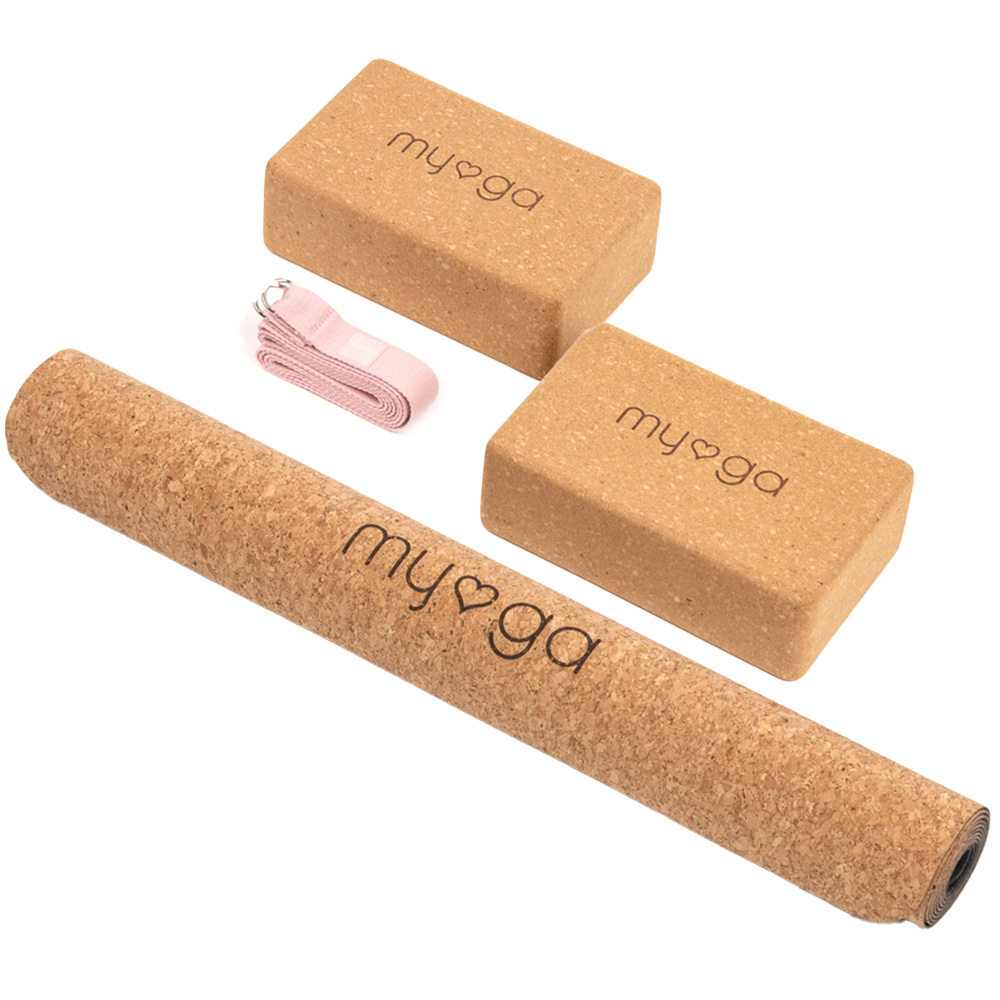 Myga Dusty Pink Cork Yoga Mat with 2 Cork Blocks and Strap Image 1