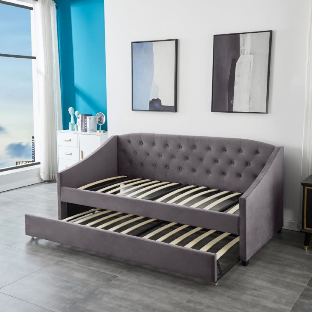Portland Single Grey Velvet Tufted Day Bed with Trundle and 2 Mattress Image 3