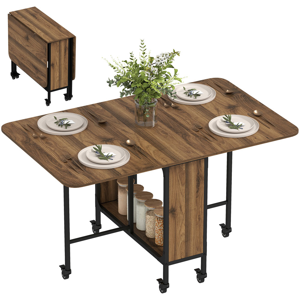 HOMCOM 6 Seater Light Brown Drop Leaf Mobile Dining Table Image 2