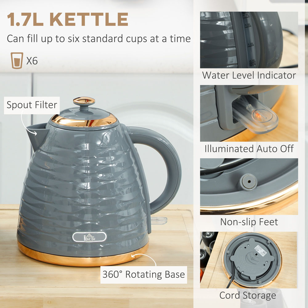 HOMCOM 800-162V71GY Grey 1.7L Rapid Boil Kettle and 2 Slice Toaster Set Image 8