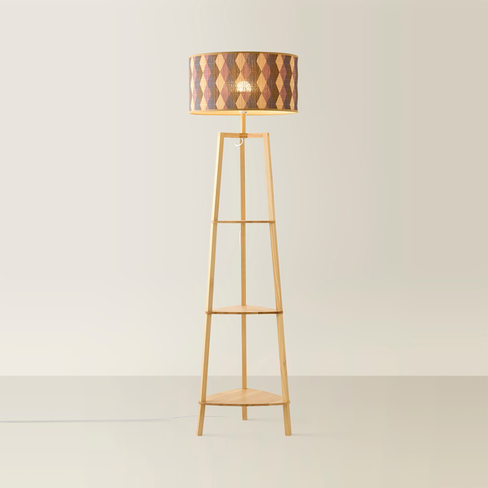 ValueLights Hiru 3 Shelf Diamond Print Bamboo Drum Shade Natural Wooden Floor Lamp with Bulb Image 3