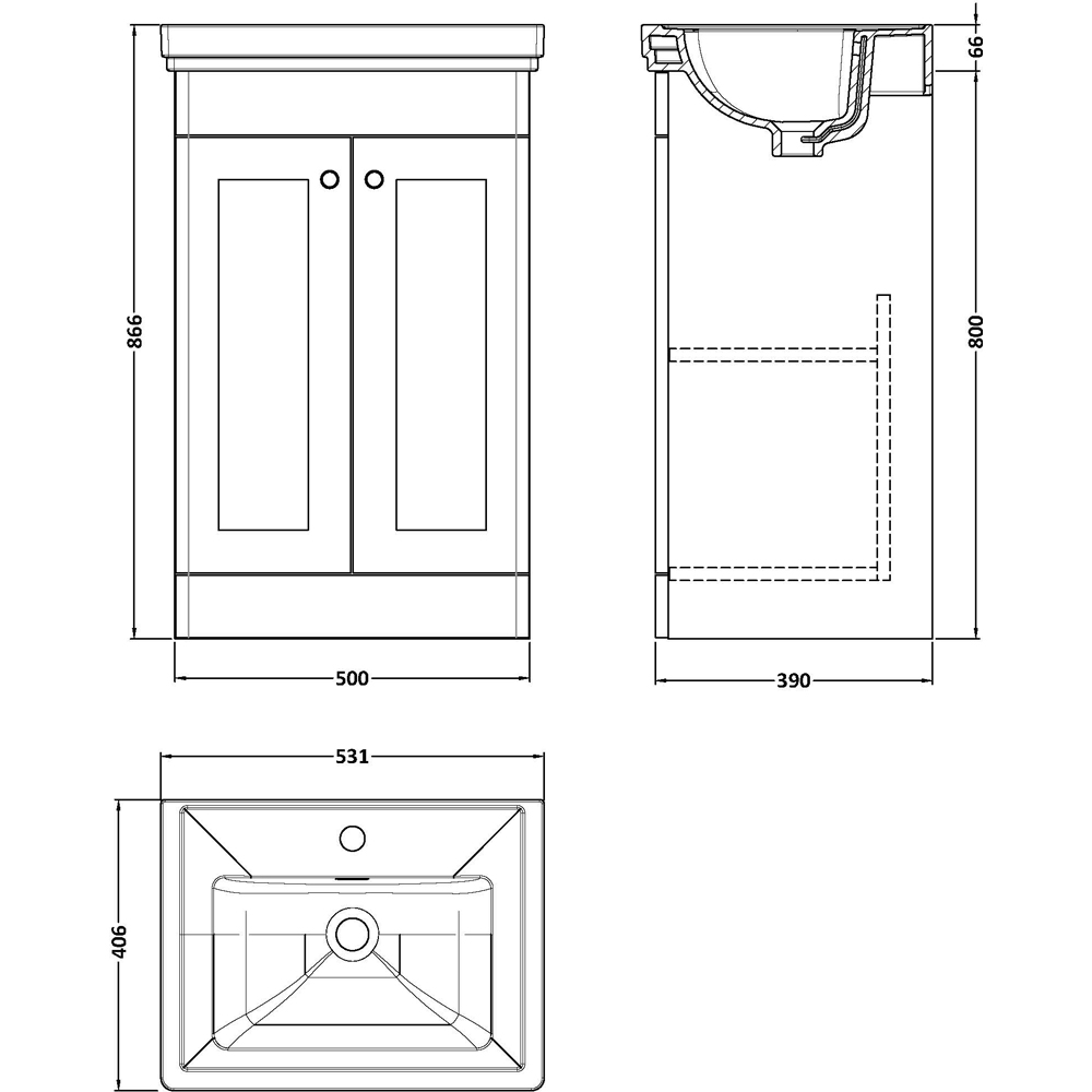 nuie Classique 2 Door Soft Black Floor Standing Vanity Unit and 1 Tap Hole Fireclay Basin 500mm Image 2