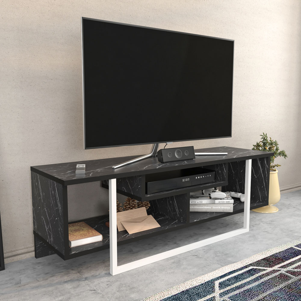 Decorotika Asal Black Marble Effect and White Wide TV Unit Image 4