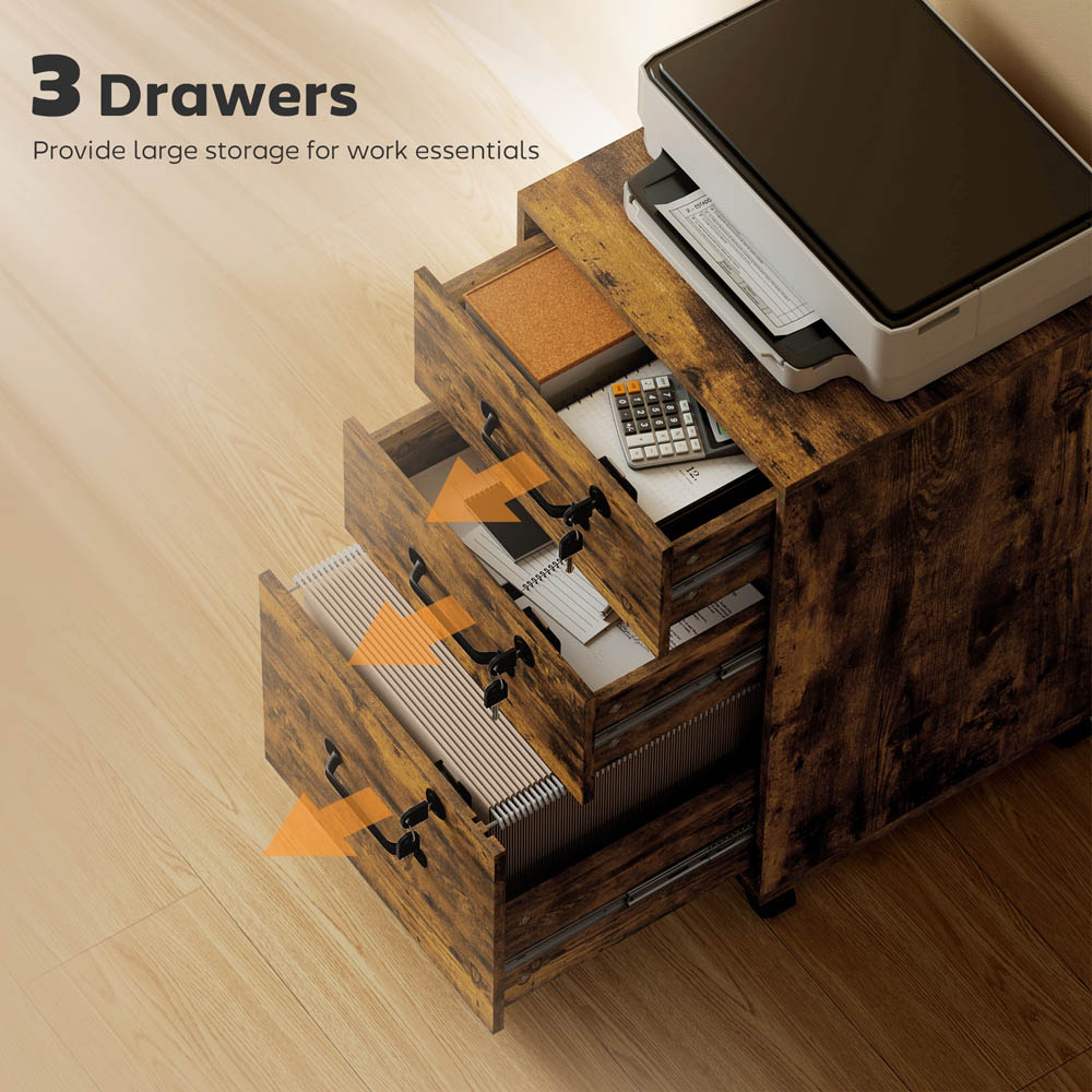 Portland 3 Drawer Brown Mobile Lockable Filing Cabinet with Keys Image 7