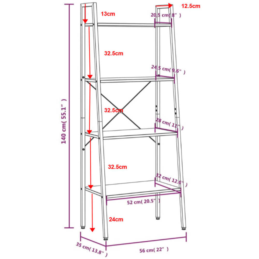 vidaXL 4 Shelf Light Brown Wood and Steel Freestanding Bookcase Image 8