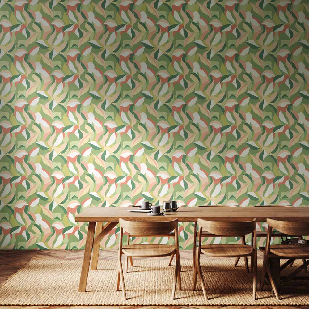 Hoopla Walls Leafy Patchwork Olive and Blush Non Woven Wallpaper Image 2