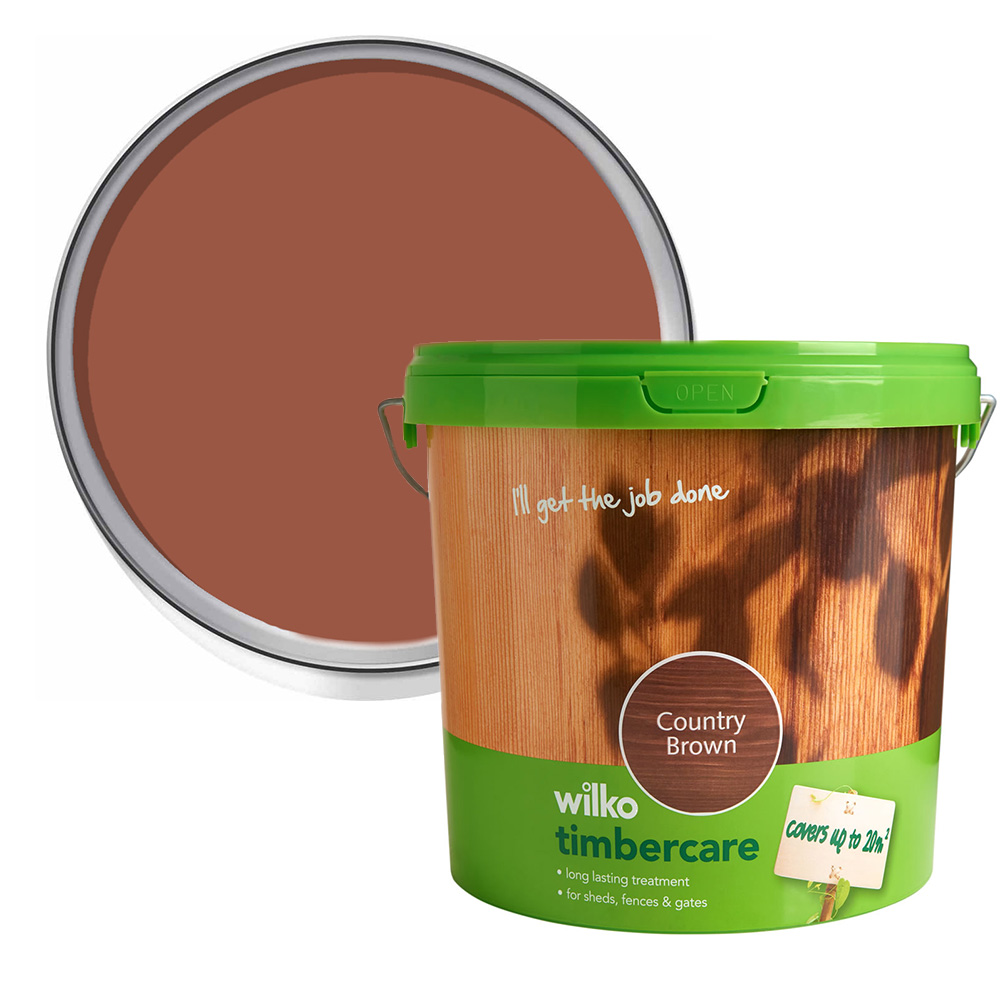 Wilko Timbercare Country Brown Exterior Wood Paint 5L Wilko Timbercare 5 litre in Country Brown has been specially designed to give a decorative finish to fences, sheds, gates and other rough sawn timber. Its water based formulation contains pigments that help resist ultraviolet attack. Not suitable for use on planed timber, decking or garden furniture. Warning:Keep out of reach of children. Always read instructions before use. Wilko Timbercare Country Brown Exterior Wood Paint 5L