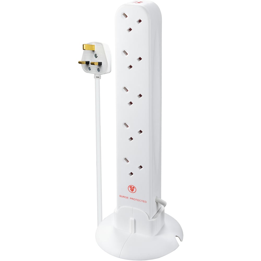 Masterplug White 10 Socket 13A Surge Protected Tower Extension Lead 1m Image 1