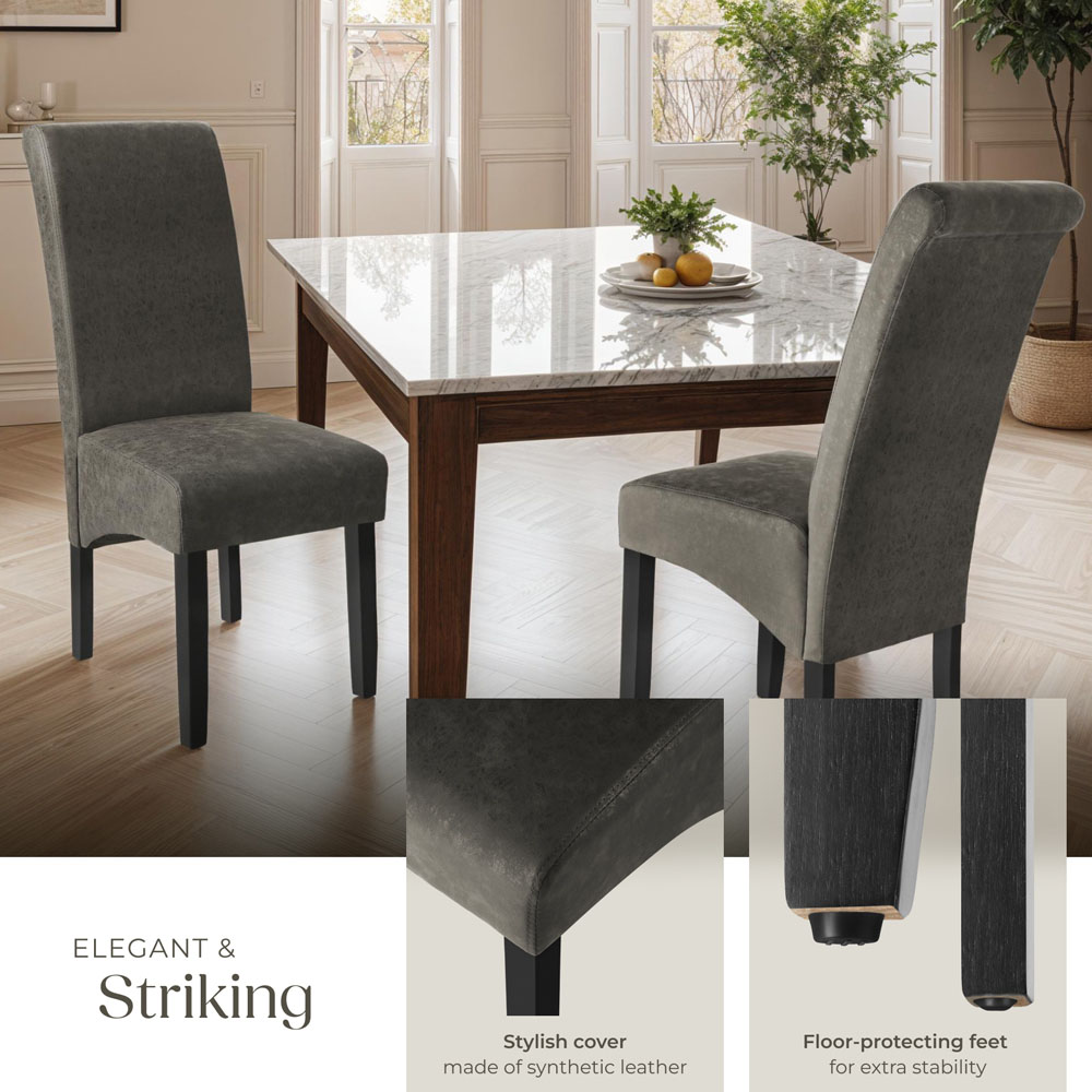 tectake Set of 2 Grey Marble Leather High Backrest Dining Chair Image 4