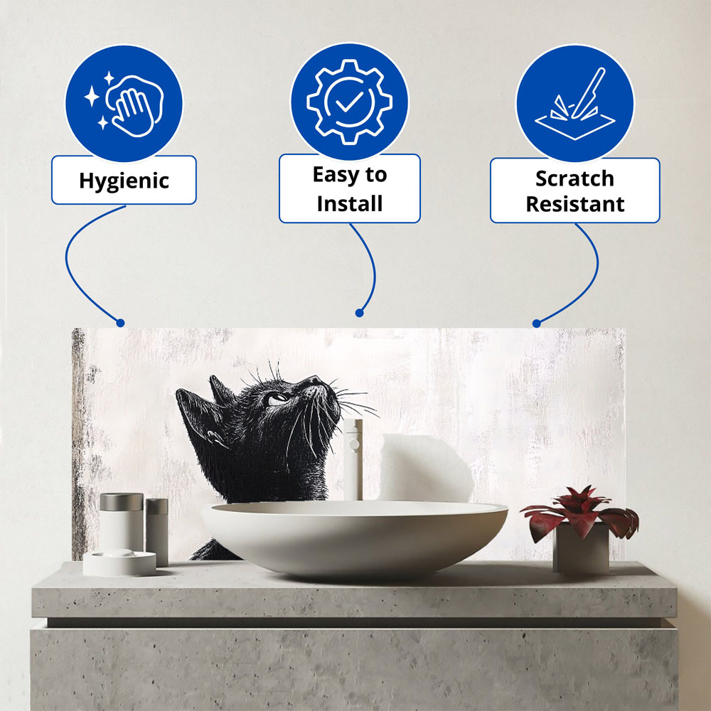 Warren Reed Designer Thoughtful Banksy Inspired Cat Glass Bathroom Splashback 25 x 60cm Image 3