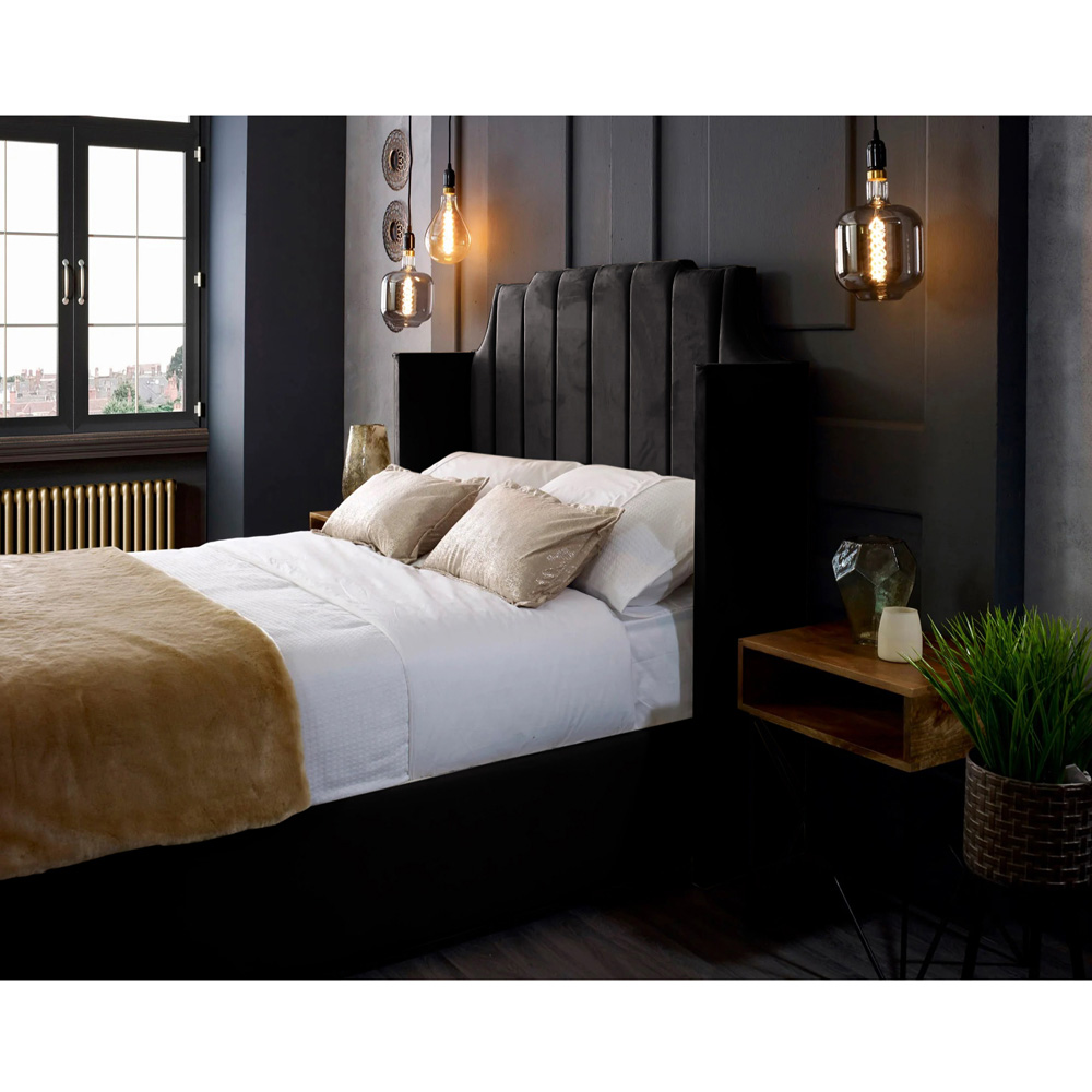 Eleganza Home Nelly King Size Black Plush Velvet Bed Frame with Winged Headboard Image 2