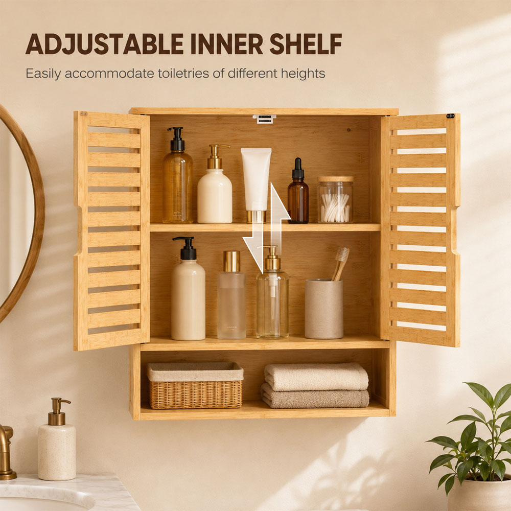 HOMCOM 2 Louvered Door Single Shelf Oak Wall-Mounted Bathroom Cabinet Image 7