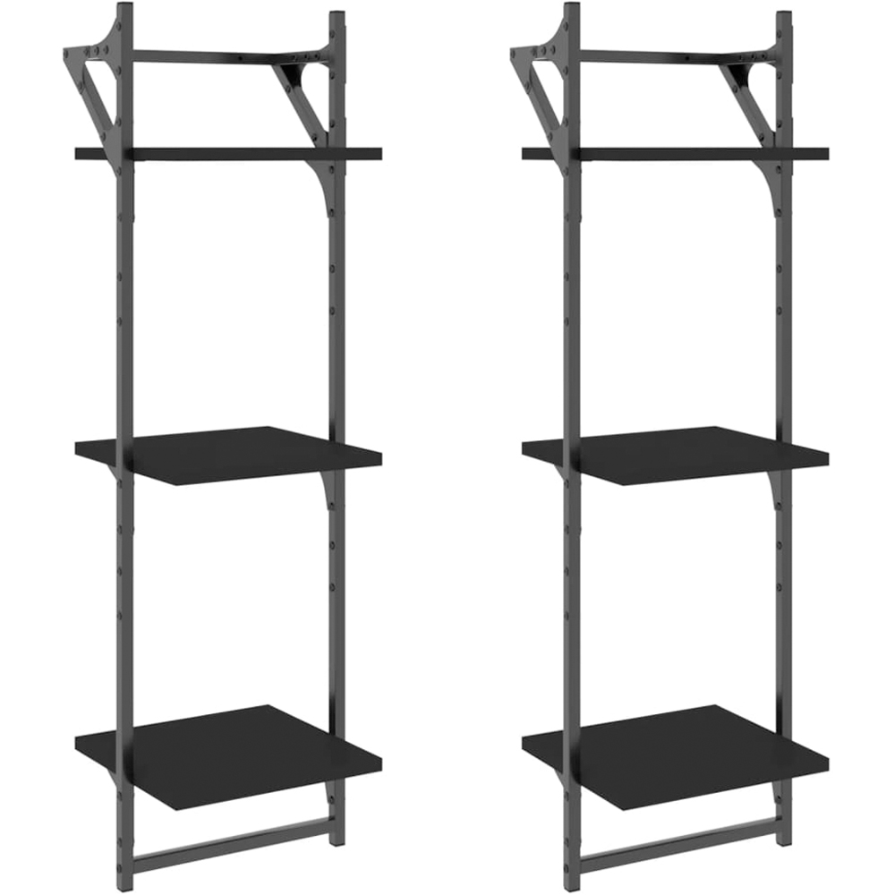vidaXL Set of 2 3 Shelf Black Floating Wall Shelf with Bar Image 1