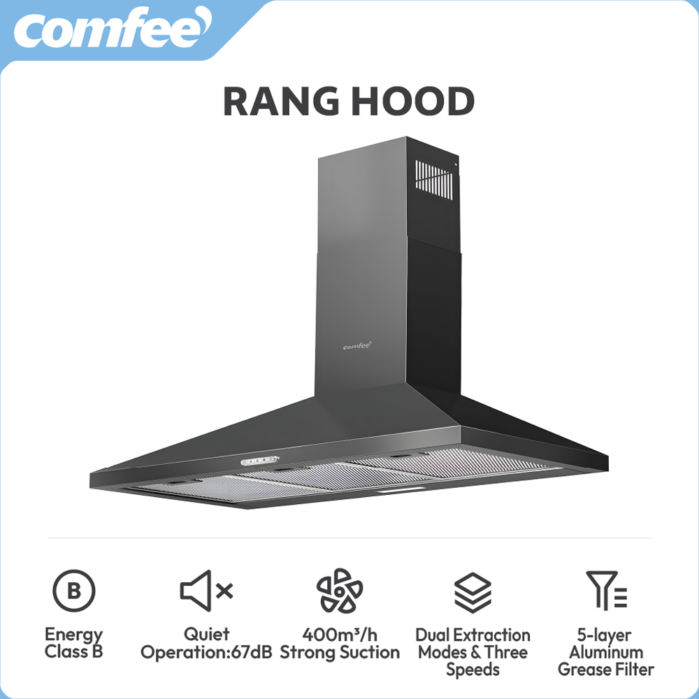 Comfee Black 90cm 3 Speed Wall Mounted Cooker Hood with LED and Carbon Charcoal Filter Image 6