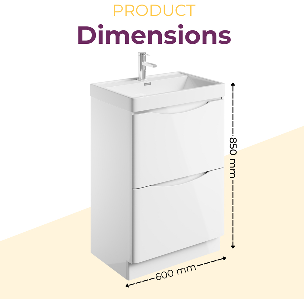 Go Bathrooms Eaton 2 Drawer White Gloss Floor Standing Vanity Unit with Resin Basin 600mm Image 5