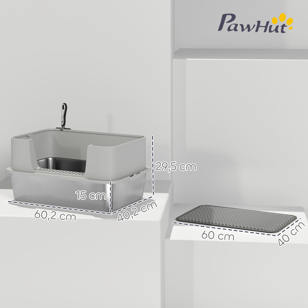 PawHut One Size Grey Stainless Steel High Sided Cat Litter Tray with Scoop Image 9