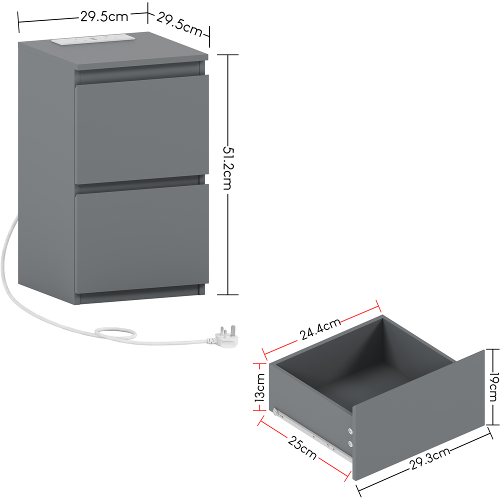 VIDA DESIGNS Denver 2 Drawer Grey Bedside Chest with Power Outlet Set of 2 Image 8