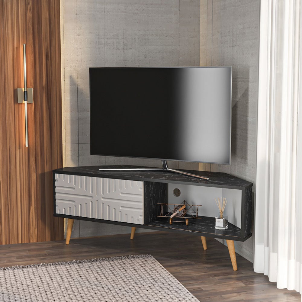 Decorotika Mora Single Sliding Door Bendire and White Corner TV Unit Image 3