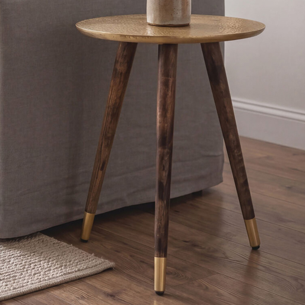 Premier Housewares Boho Gold Finish Wood and Metal Carved Side Table Image 1