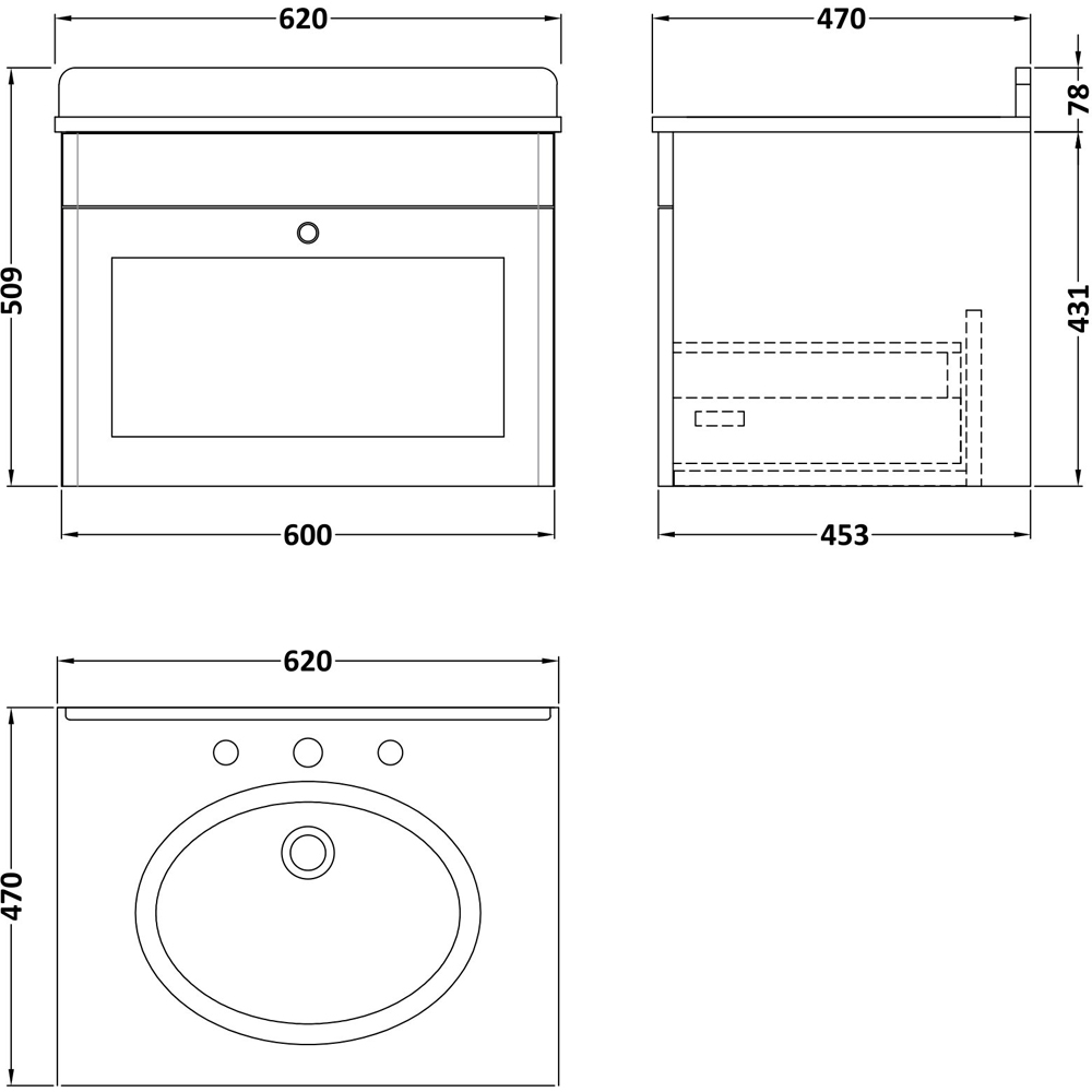 nuie Classique Single Drawer Satin White Wall Hung Unit and 3 Tap Hole Marble Basin 600mm Image 3