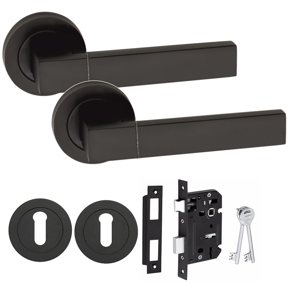 Golden Grace Capri Matt Black Door Handle Pair 3 Lever Mortise and Key Hole 64mm Image 1