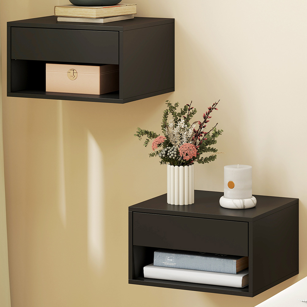 Portland Single Drawer Single Shelf Black Floating Nightstand Set of 2 Image 1