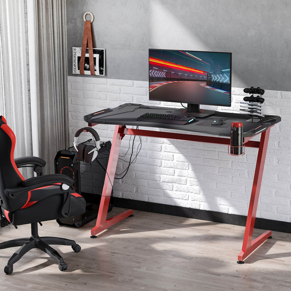 Portland Ergonomic Gaming Desk with Cup Holder Black and Red Image 3
