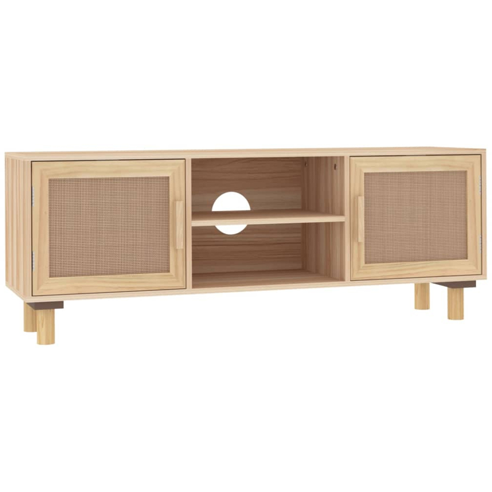 vidaXL 2 Door 2 Shelf Brown Solid Pine Wood and Natural Rattan TV Cabinet Image 2