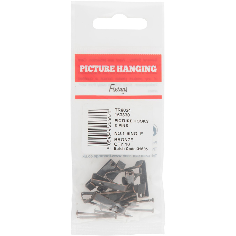 Hiatt Bronze Picture Hanging Hook and Pin 10 Pack Image 1
