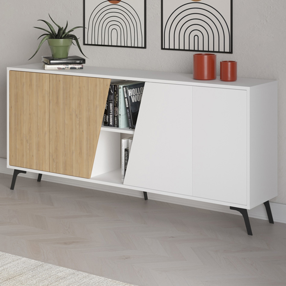 Decortie Fiona 4 Door 2 Shelf White and Oak Sideboard Image 1