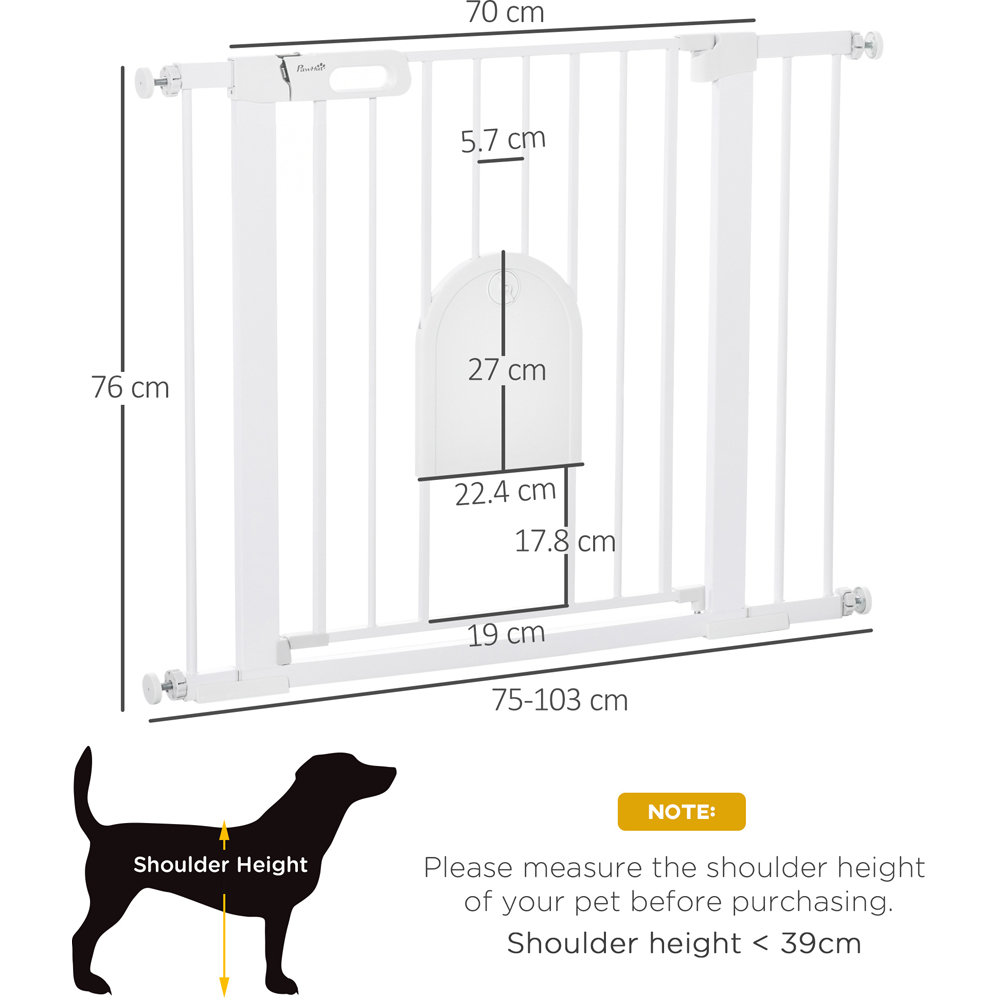 PawHut White 75-103cm Stair Pressure Fit Pet Safety Gate with Small Cat Flap Image 7