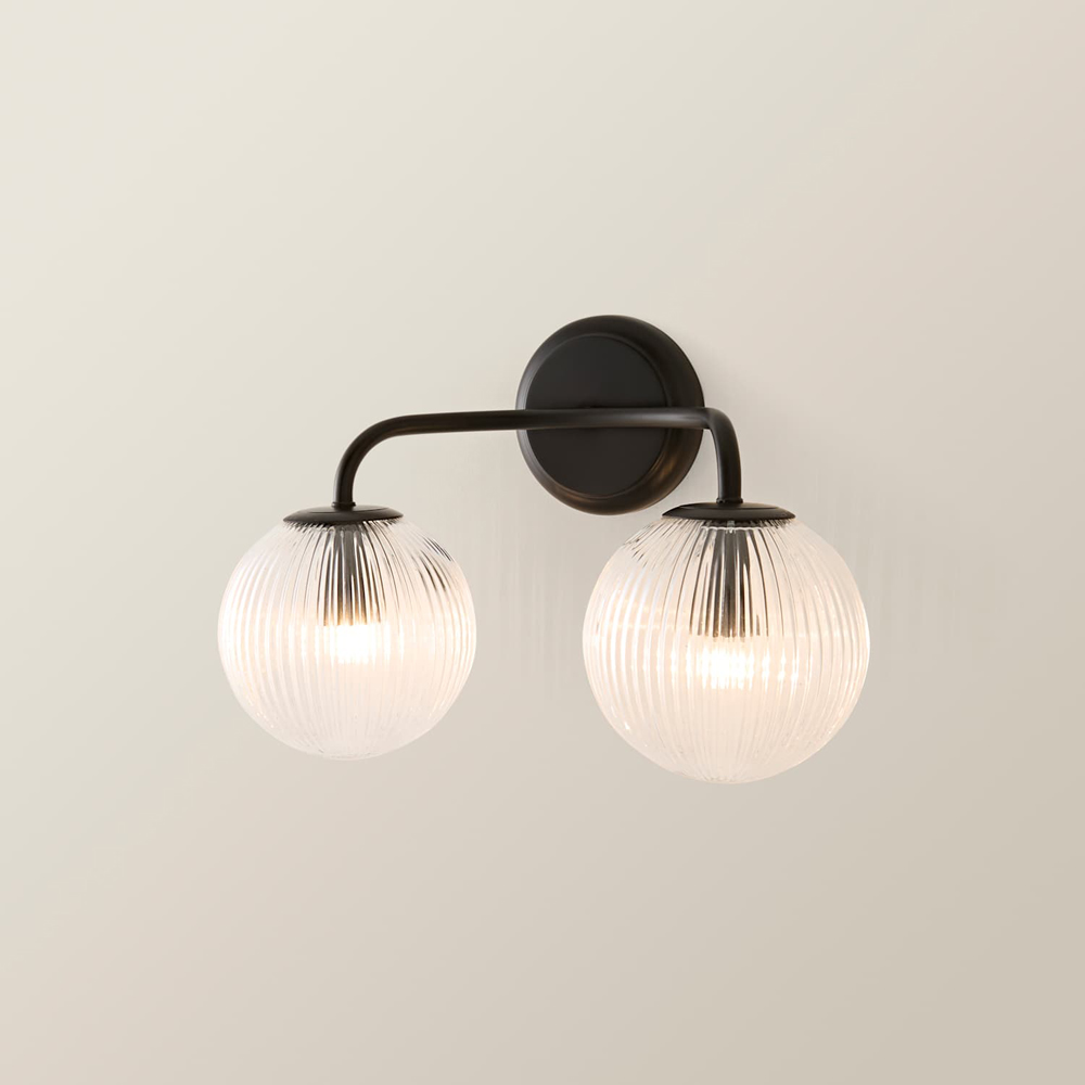 ValueLights Kempton 2 Arm Ribbed Glass Globe Matte Black LED Wall Light with Bulb Image 4
