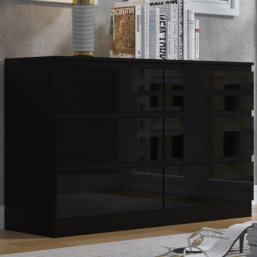 FWStyle Stora 6 Drawer Black Gloss Chest Of Drawers Image 1