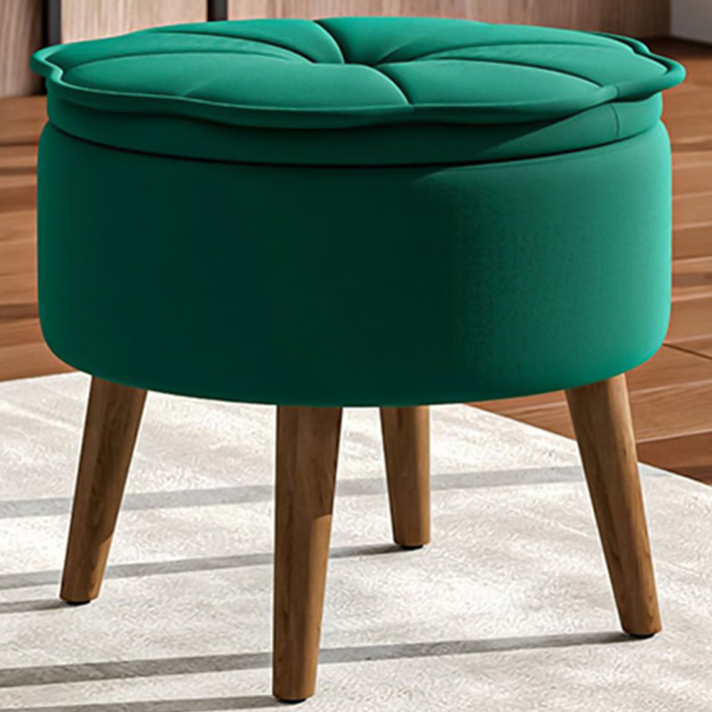 Living and Home Green Round Velvet Ottoman Footstool Image 1